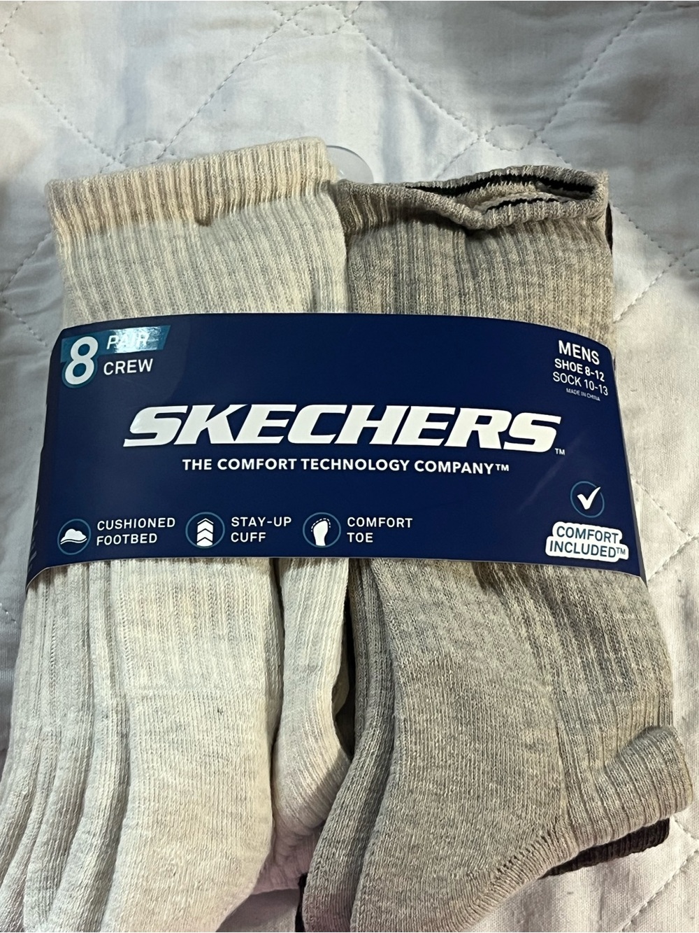 Skechers Men’s Crew Socks 8-Pack in Beige and Light Gray